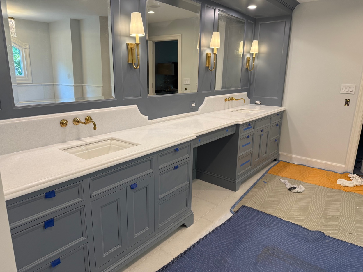 Fresh install blue grey bathroom vanity marble countertop Chicago