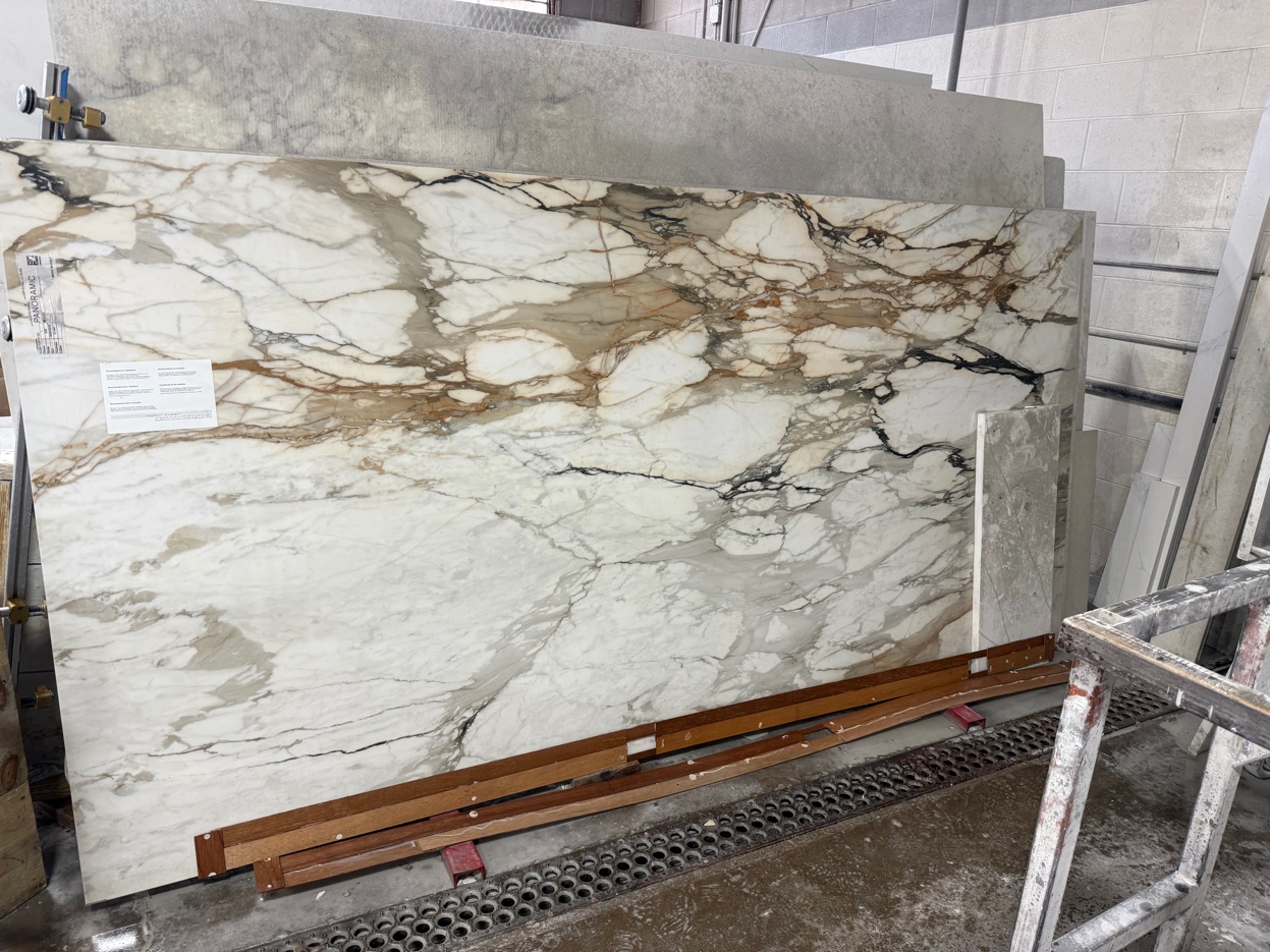 Calacatta Borghini marble slab in fabrication shop Franklin Park