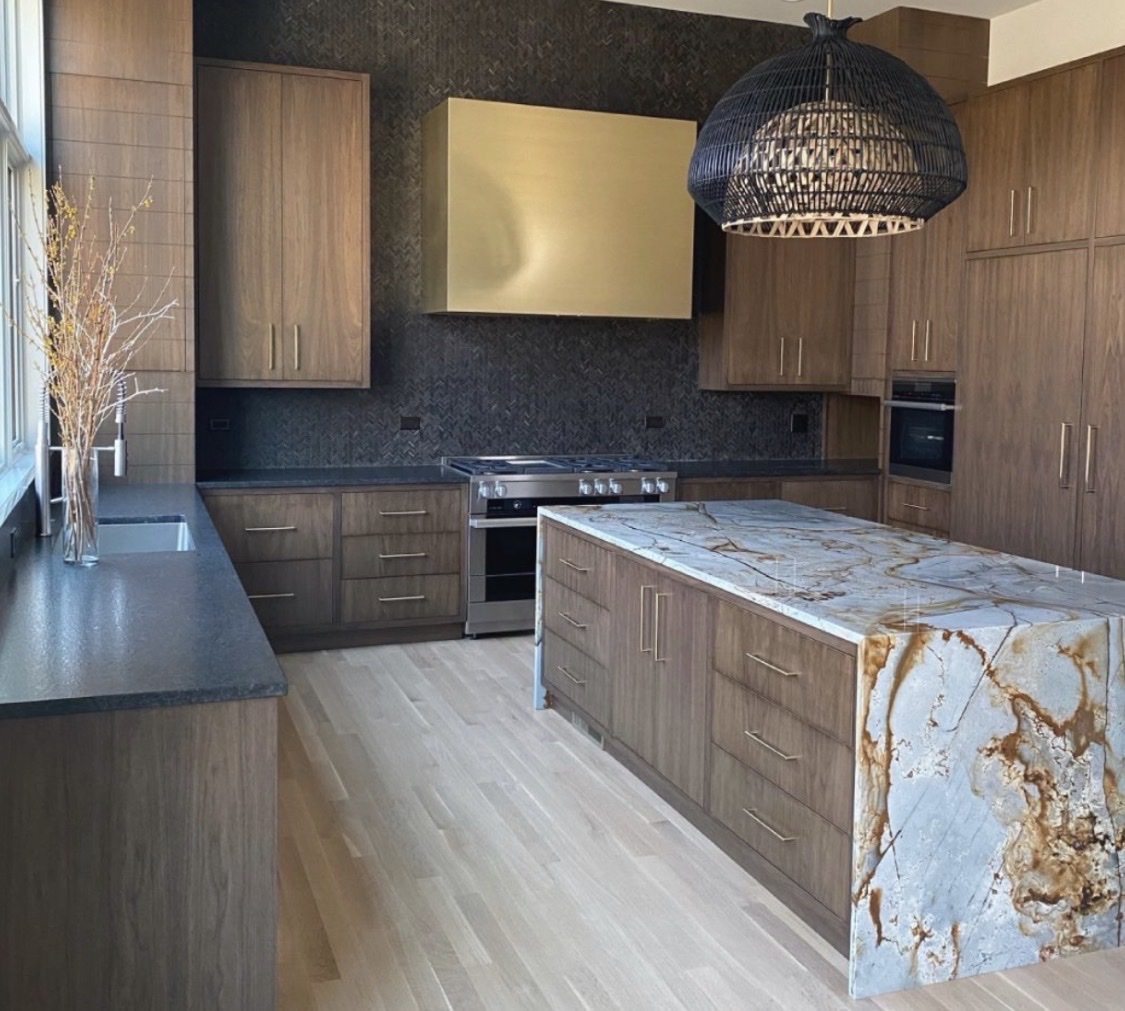 Walnut kitchen exotic gold veined marble island dark countertops Chicago