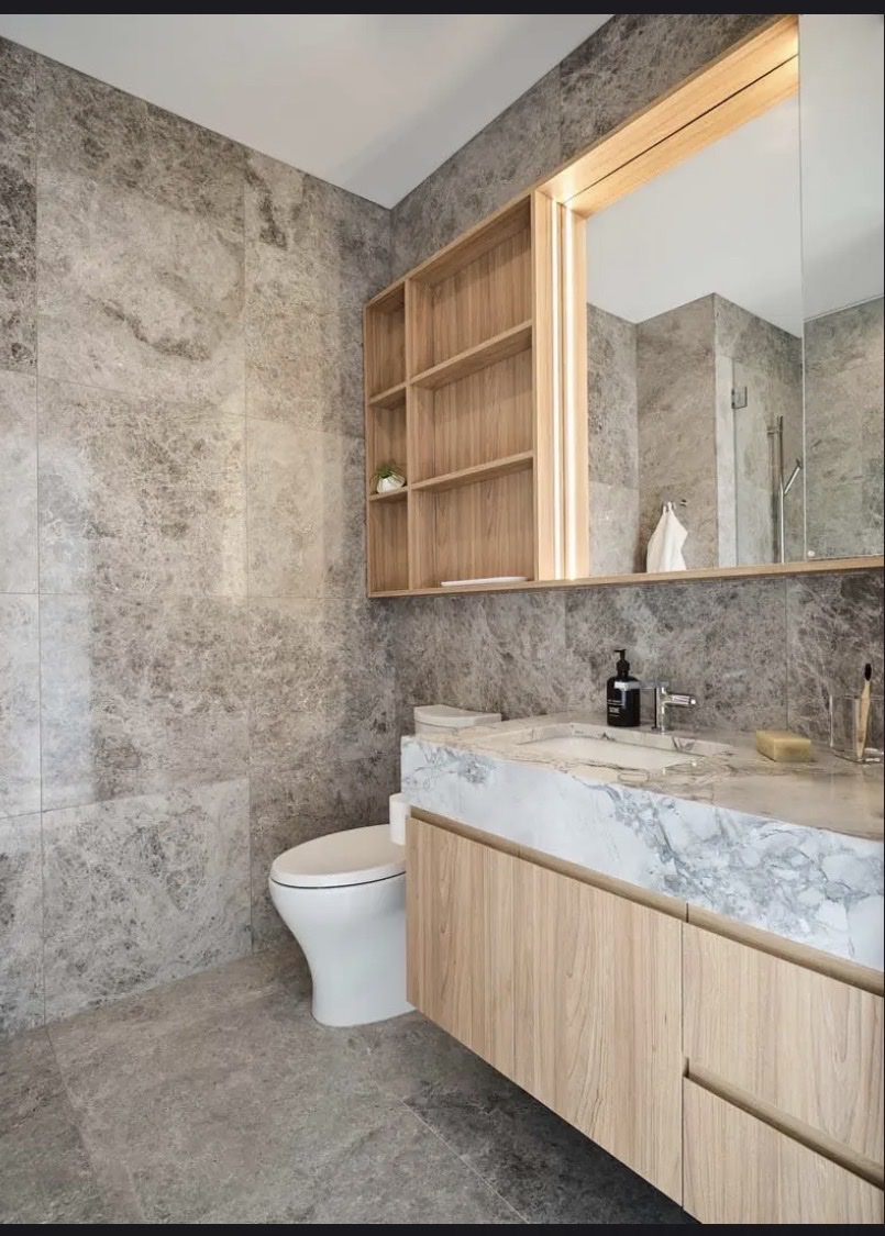 Full stone bathroom floor to ceiling grey marble