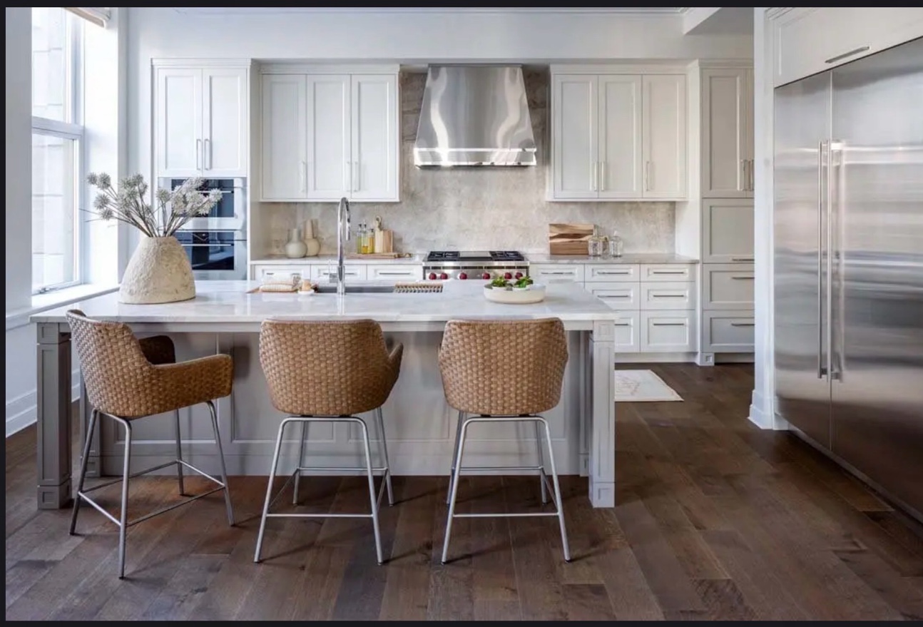 White kitchen marble island rattan stools Chicago