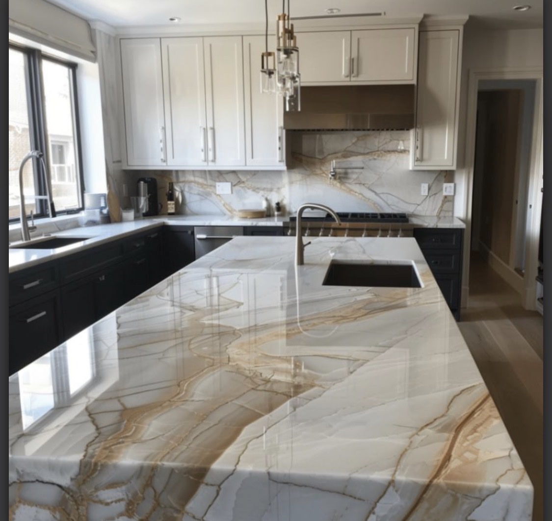 Gold veined marble waterfall island dark cabinets Chicago