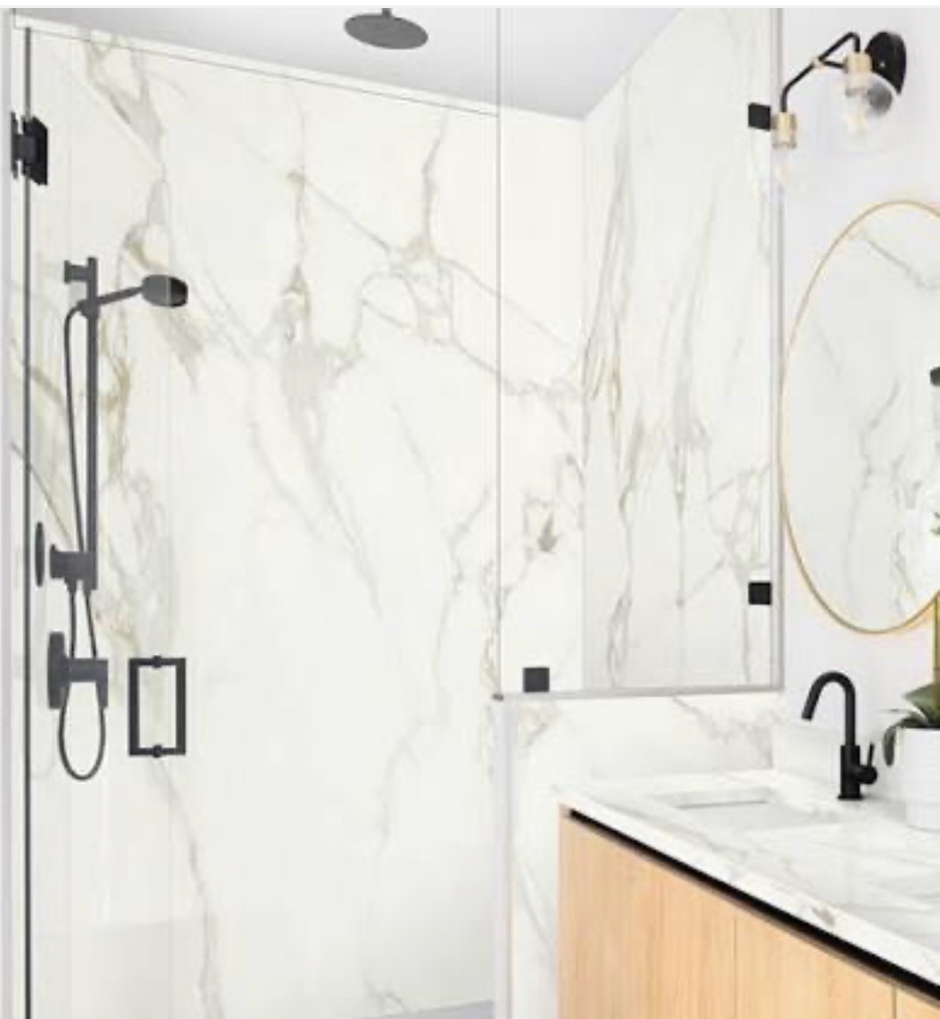 Full marble shower surround and vanity modern Chicago