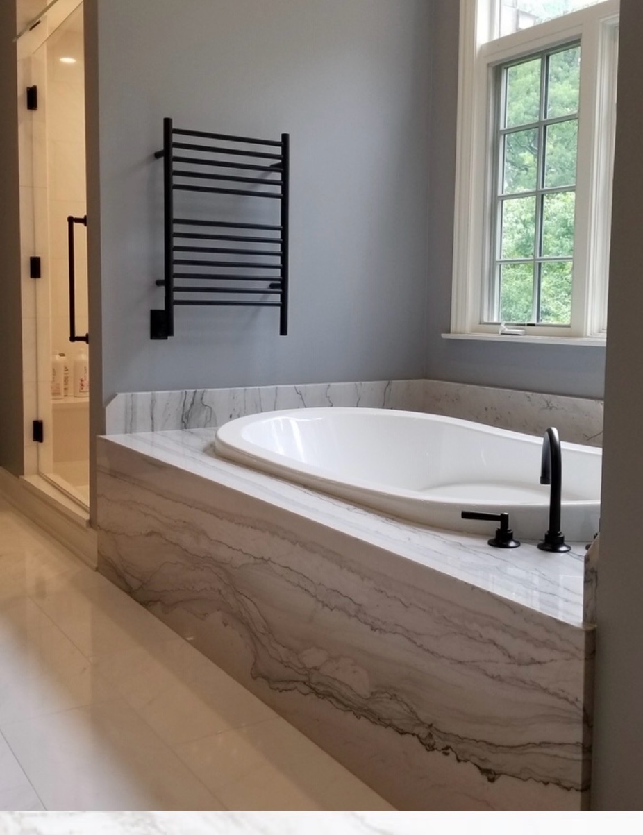 Marble tub surround drop-in bath black fixtures Chicago