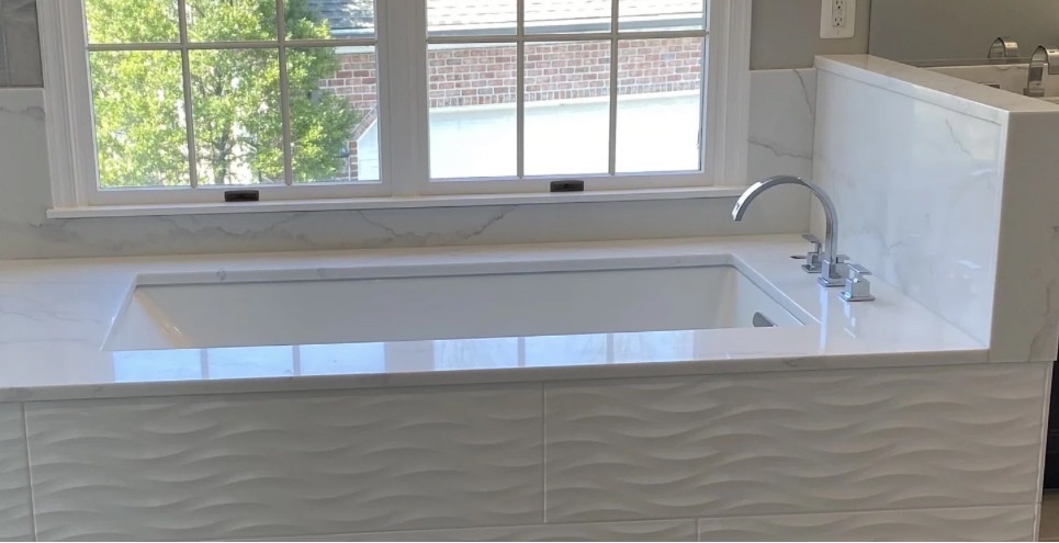 White quartz tub deck surround Chicago suburbs