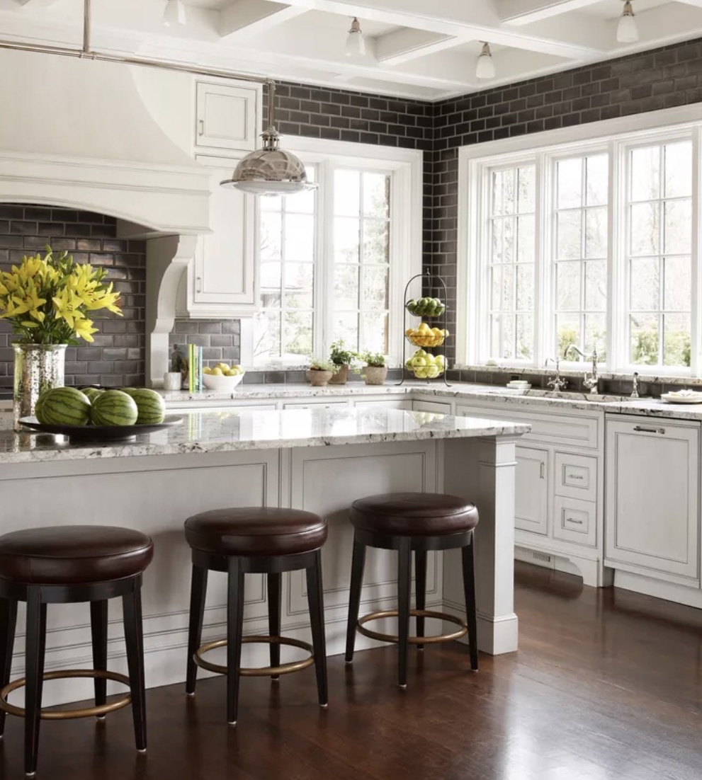 Classic white kitchen granite island coffered ceiling Chicago suburbs