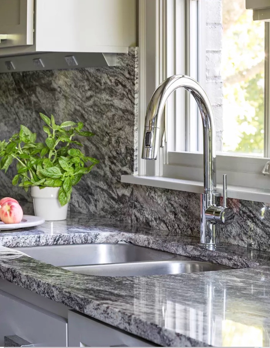 Granite countertop and backsplash close up sink detail Chicago