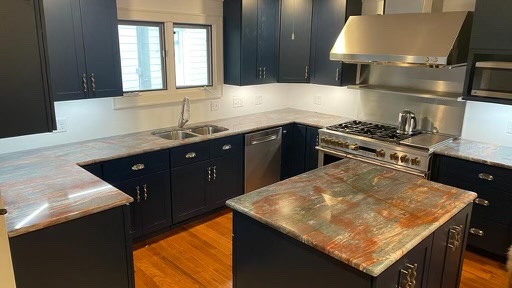 Navy cabinet kitchen exotic stone island Chicago