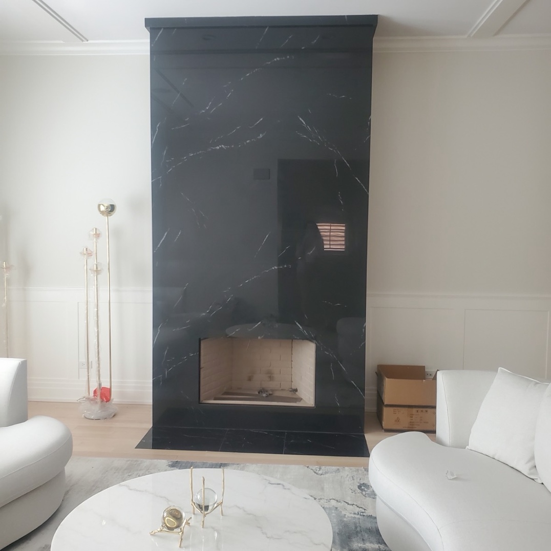 Nero Marquina black marble fireplace surround Chicago