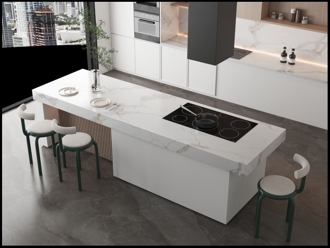 Modern city view kitchen white marble island with cooktop Chicago