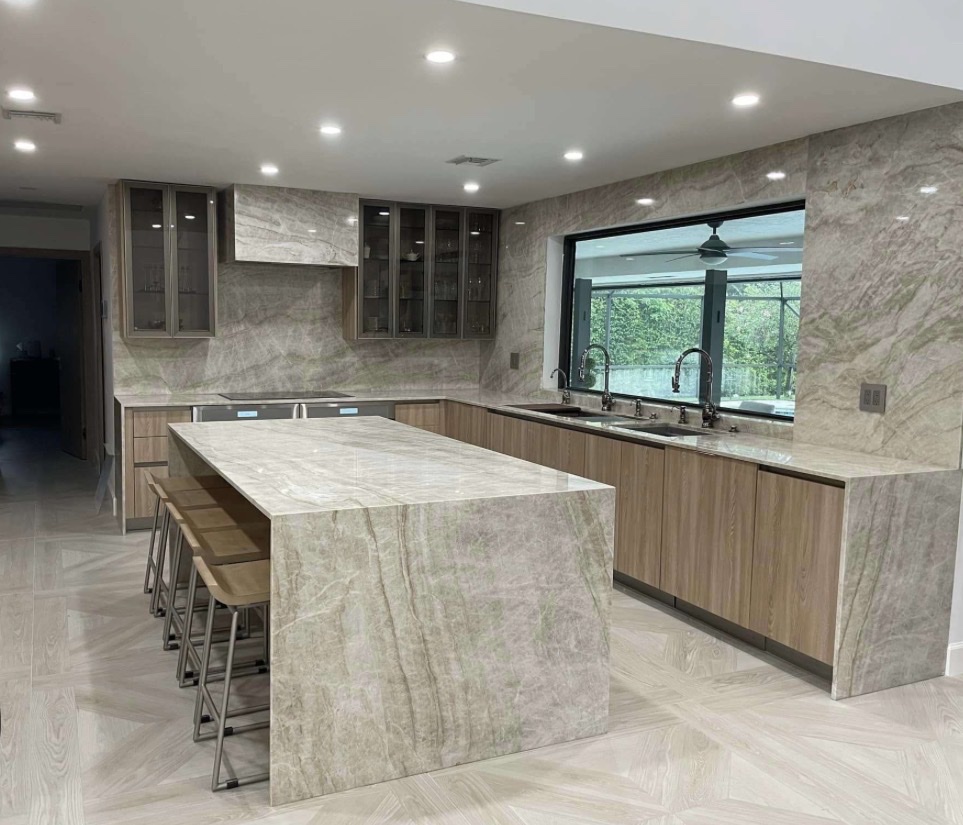 Blue Roma quartzite kitchen